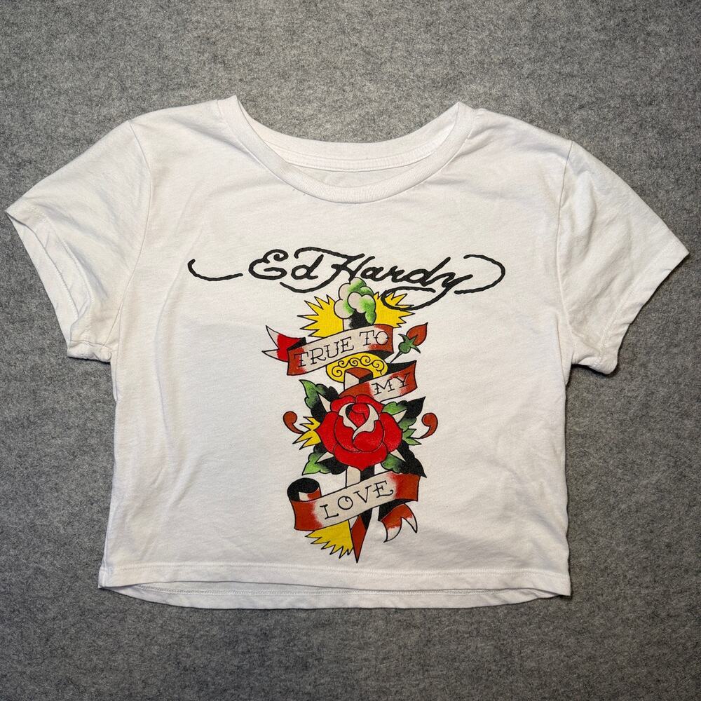 Ed Hardy Women L Crop Top Graphic Tattoo Rose Dagger Black White